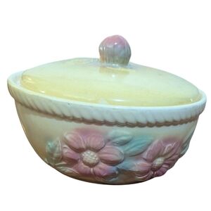Vintage Hull Sun Glow Yellow Ceramic Lidded Bowl with Floral Design